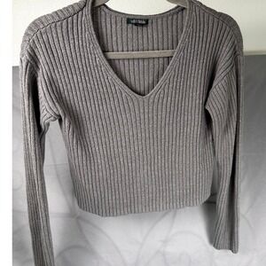 Wild Fable Gray Ribbed V Neck Long Sleeve Cropped Sweater Women Medium